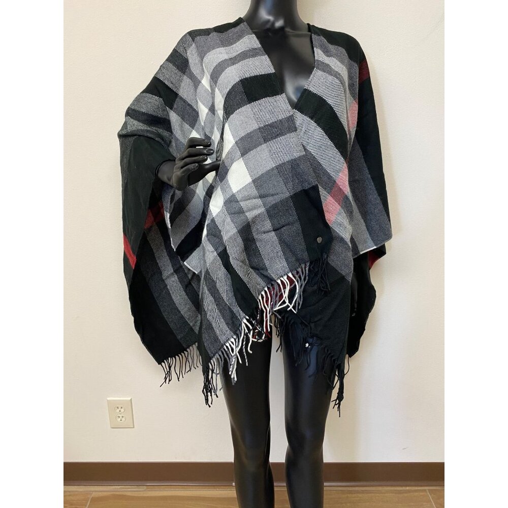 Fraas Women's Black Fraas Plaid Cape Sweater with Fringe Trim Size One Size NWT - Picture 2 of 4